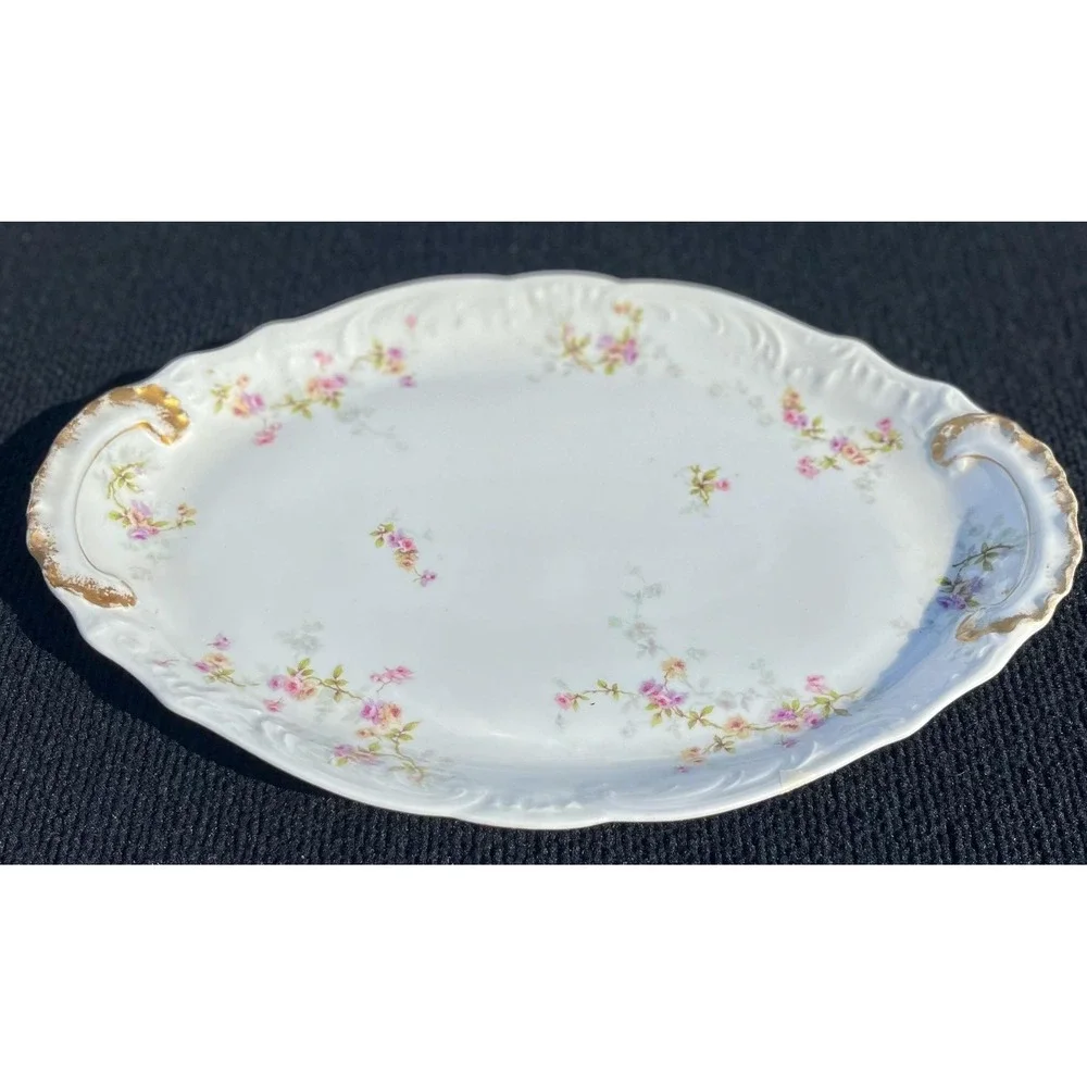 Vintage Theodore Haviland Limoges France Serving Platter Gold Handles 16in Flora